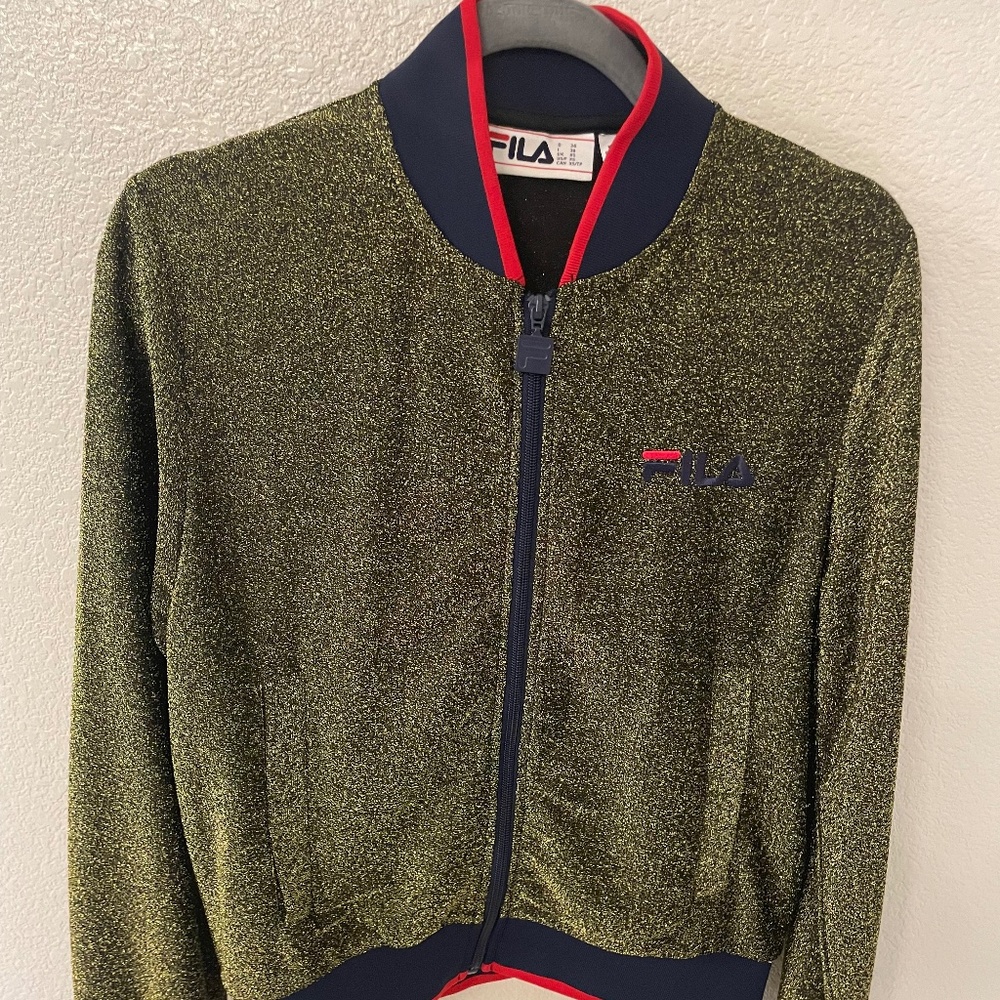 FILA Limited Edition Sparkly Gold Bomber Jacket Size XS